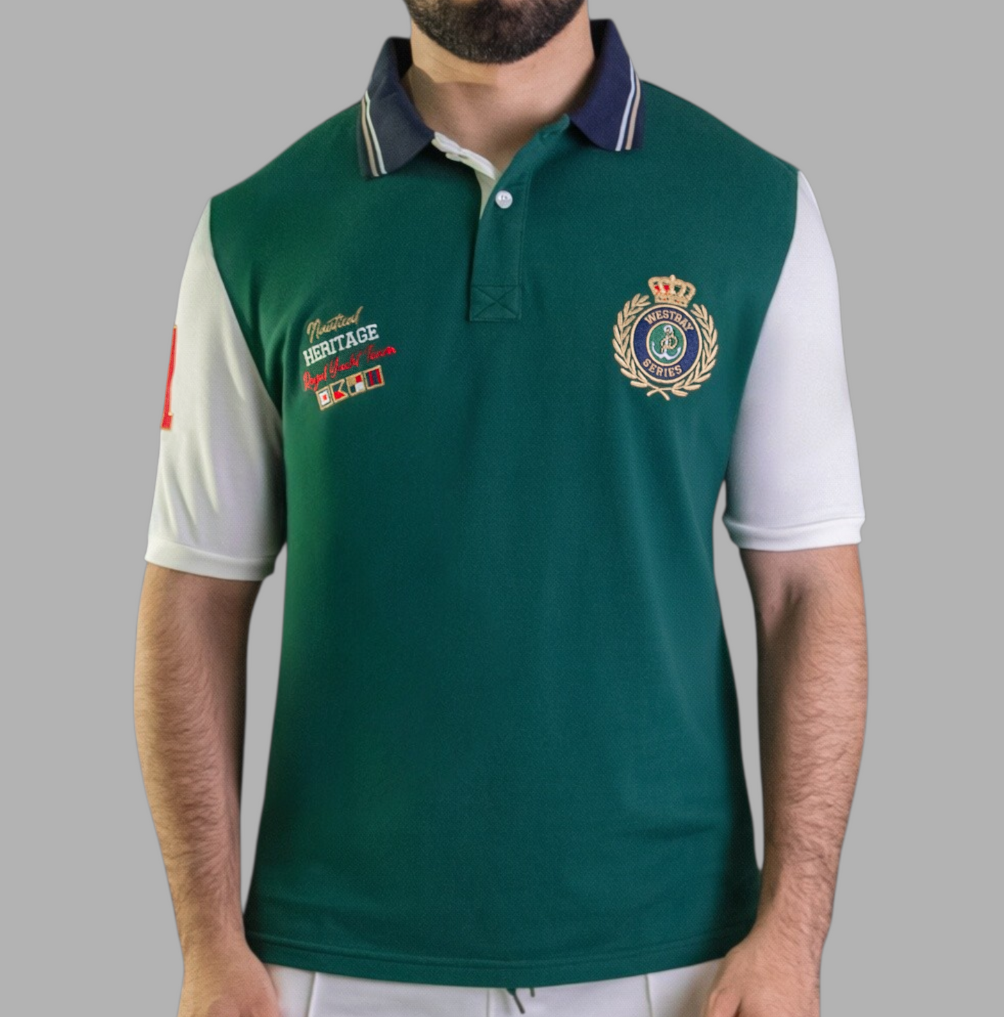 'Yacht Polo Shirt' - Vert Bouteille / Blanc Cassé